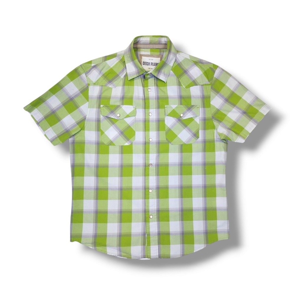 Ditch Plains Green Plaid Pearl Snap‎ Western Short Sleeve Shirt Men's Size Large